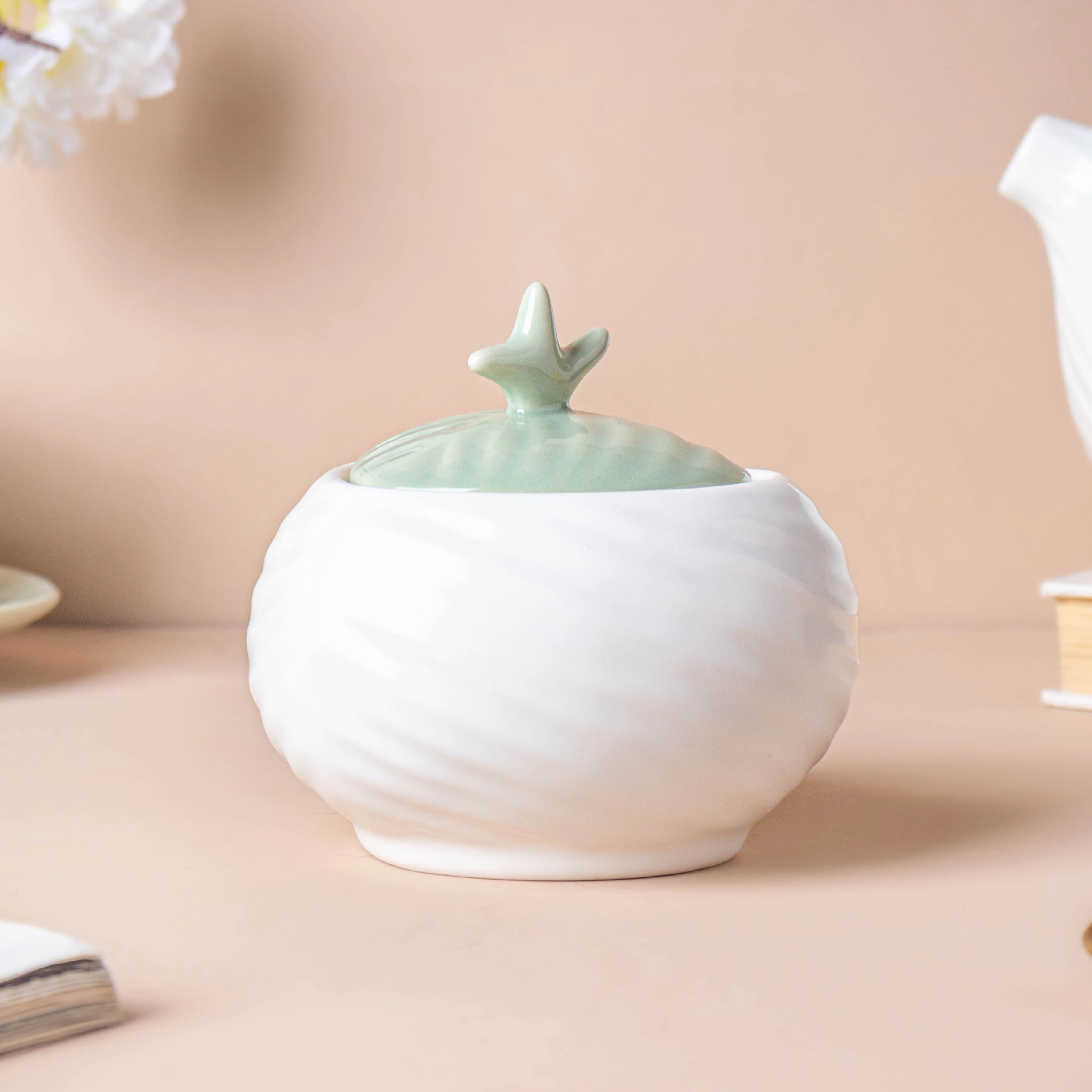 Taro Leaf White Jar With Lid - Image 4