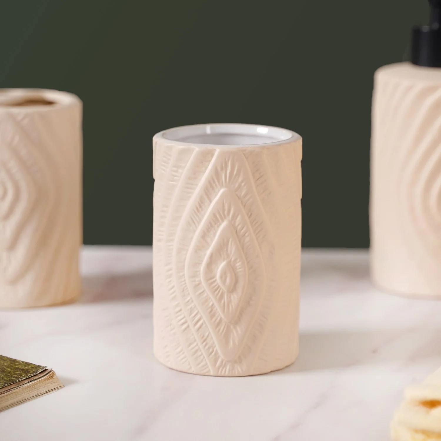 Textured Bathroom Accessories Set Of 3 Beige - Image 6