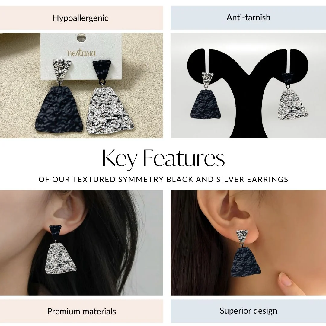 Textured Symmetry Black And Silver Earrings - Image 4