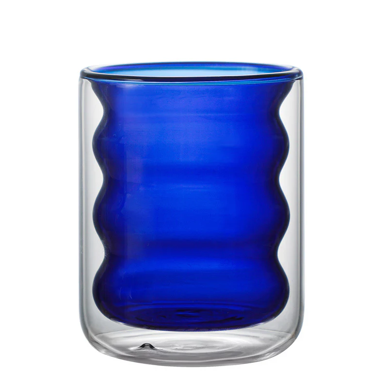 Transparent Double Walled Glass Ripple Tumbler Blue - Image 10