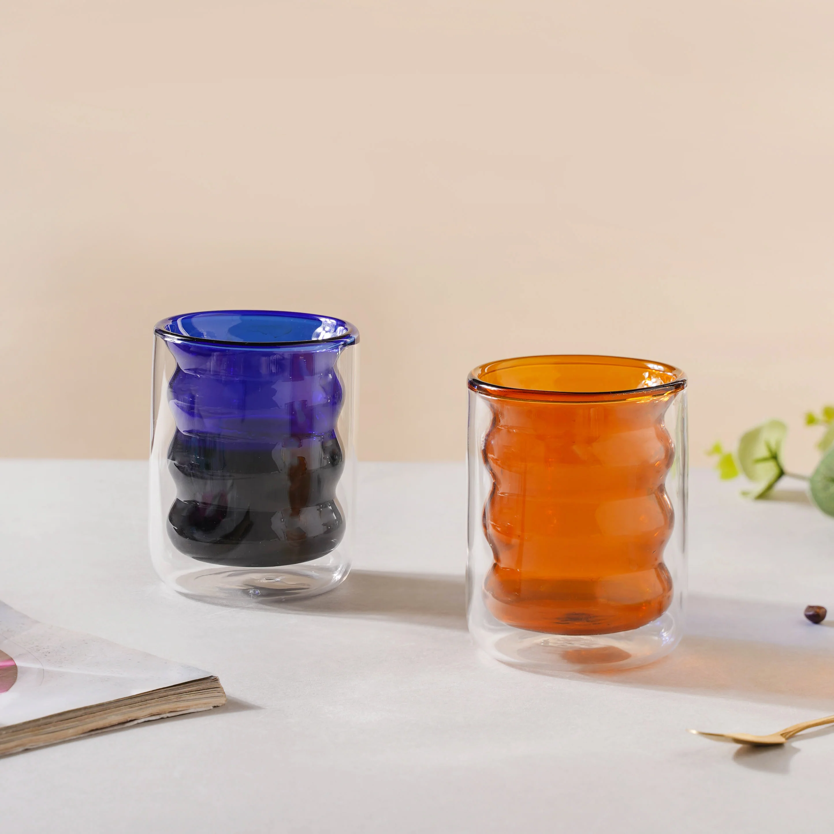 Transparent Double Walled Glass Ripple Tumbler Blue - Image 7