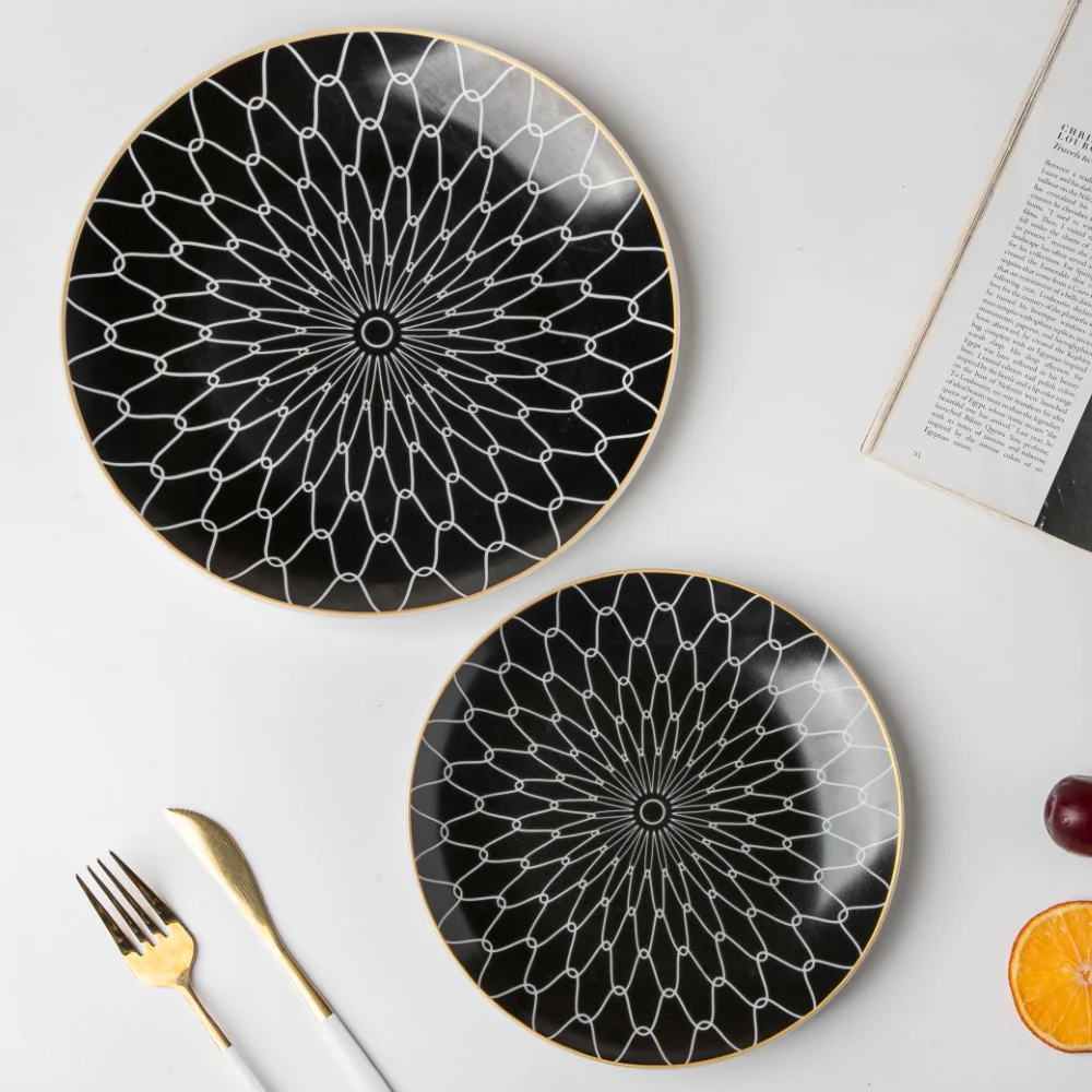 Trellis Gloss Ceramic Dinner Plate Black White Rim 10 Inch - Image 6