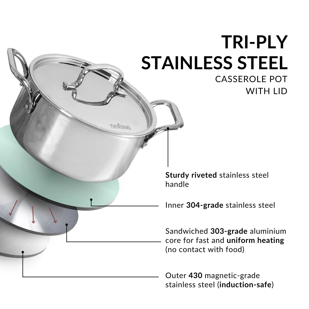 Tri Ply Stainless Steel Casserole Pot With Lid 3000ml - Image 4