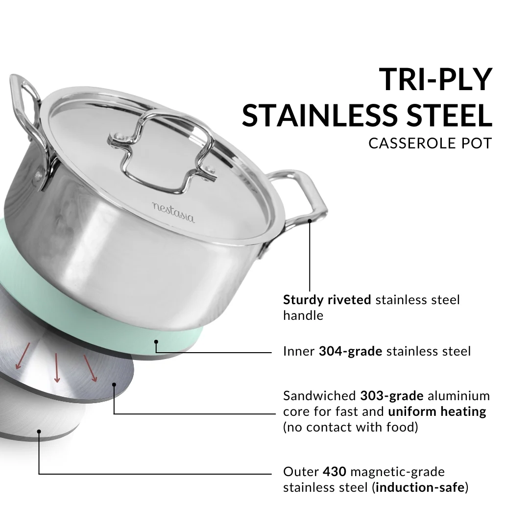 Tri Ply Stainless Steel Casserole Pot With Lid 4000ml - Image 5