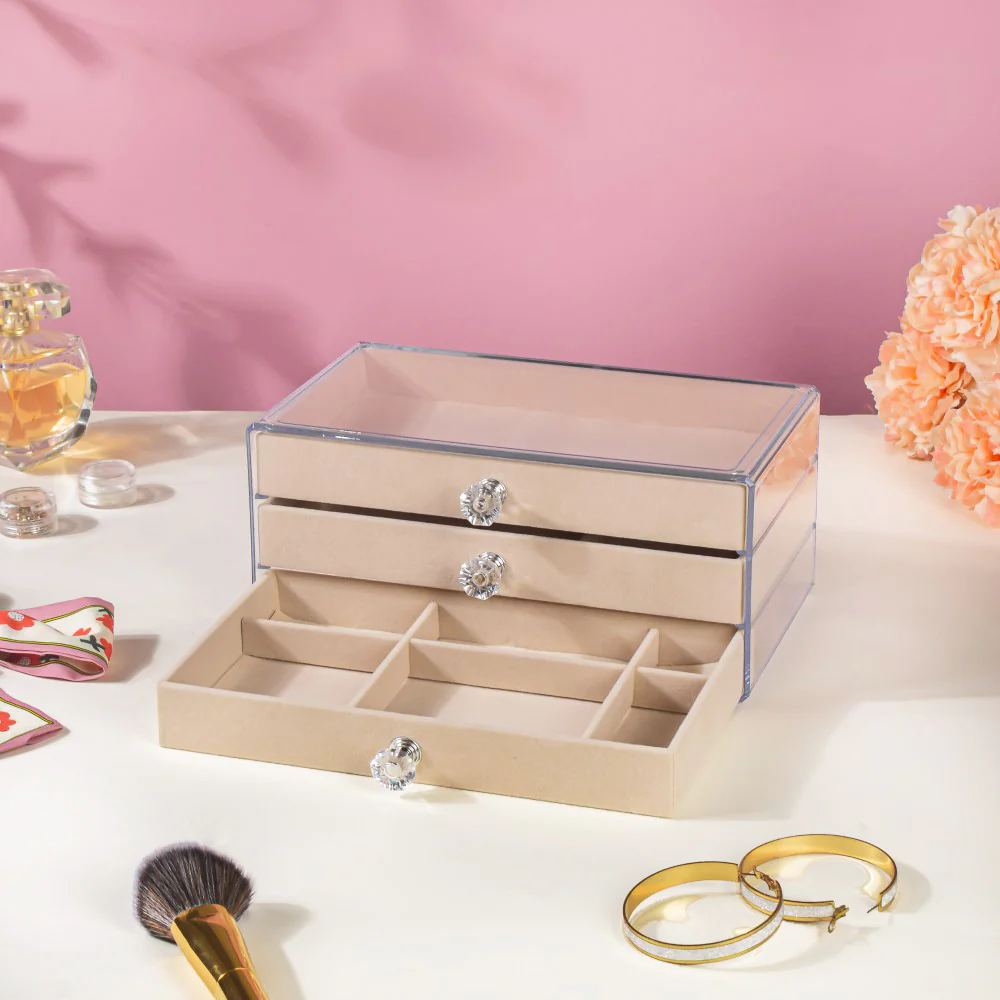 Triple Drawer Jewellery Organiser Cream - Image 11
