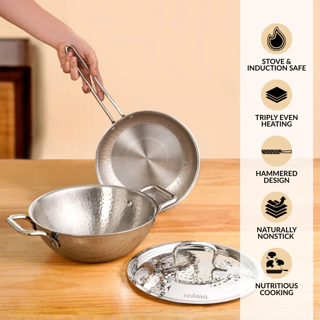 Triply Hammered Stainless Steel Cookware Set With Frying Pan And Kadai With Lid