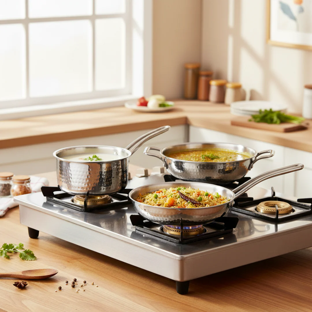 Triply Hammered Stainless Steel Set With Frying Pan Kadai And Saucepan With Lid - Image 2
