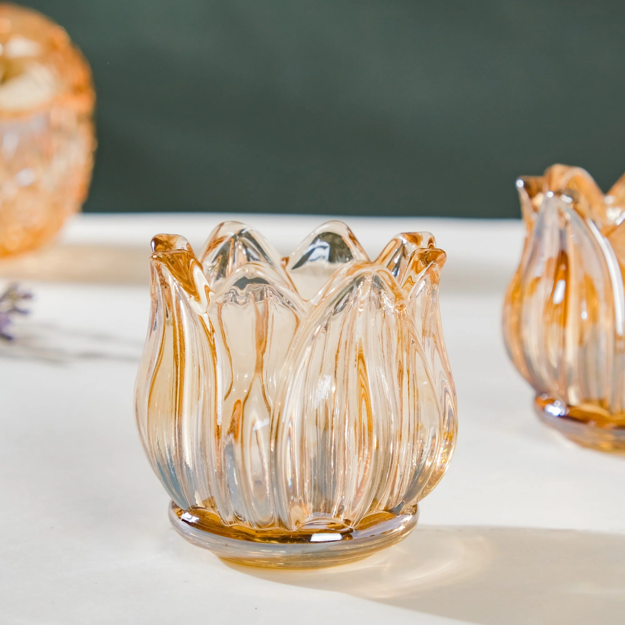 Tulip Glass Tea Light Candle Holder Amber Set Of 6 - Image 10
