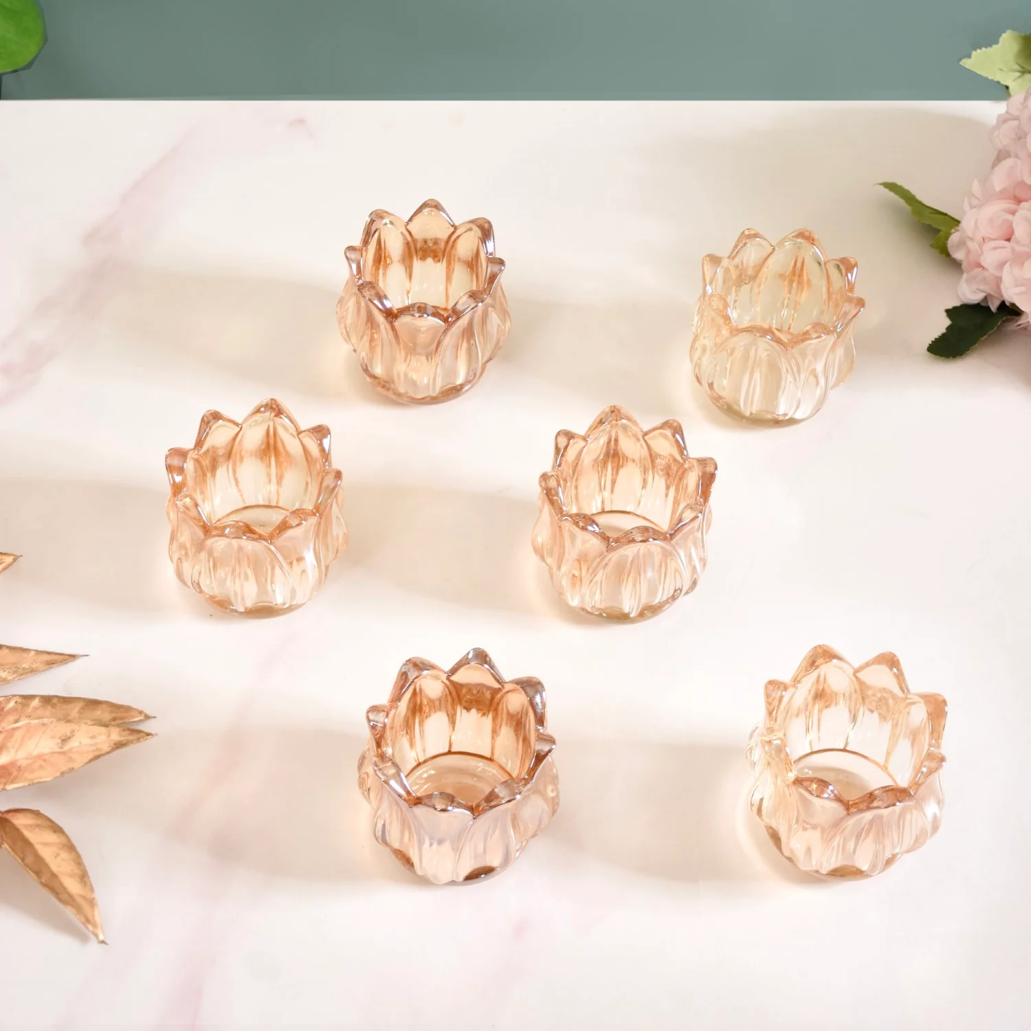 Tulip Glass Tea Light Candle Holder Amber Set Of 6 - Image 11