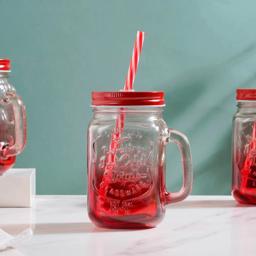 Tutti Frutti Glass Smoothie Jar Red with Lid and Straw Set of 4 - Image 3