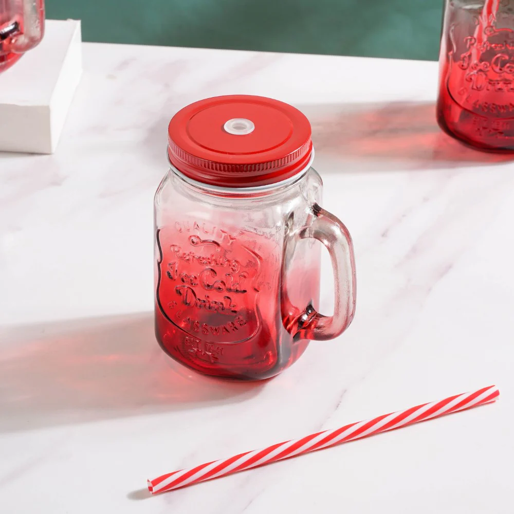 Tutti Frutti Glass Smoothie Jar Red with Lid and Straw Set of 4 - Image 4