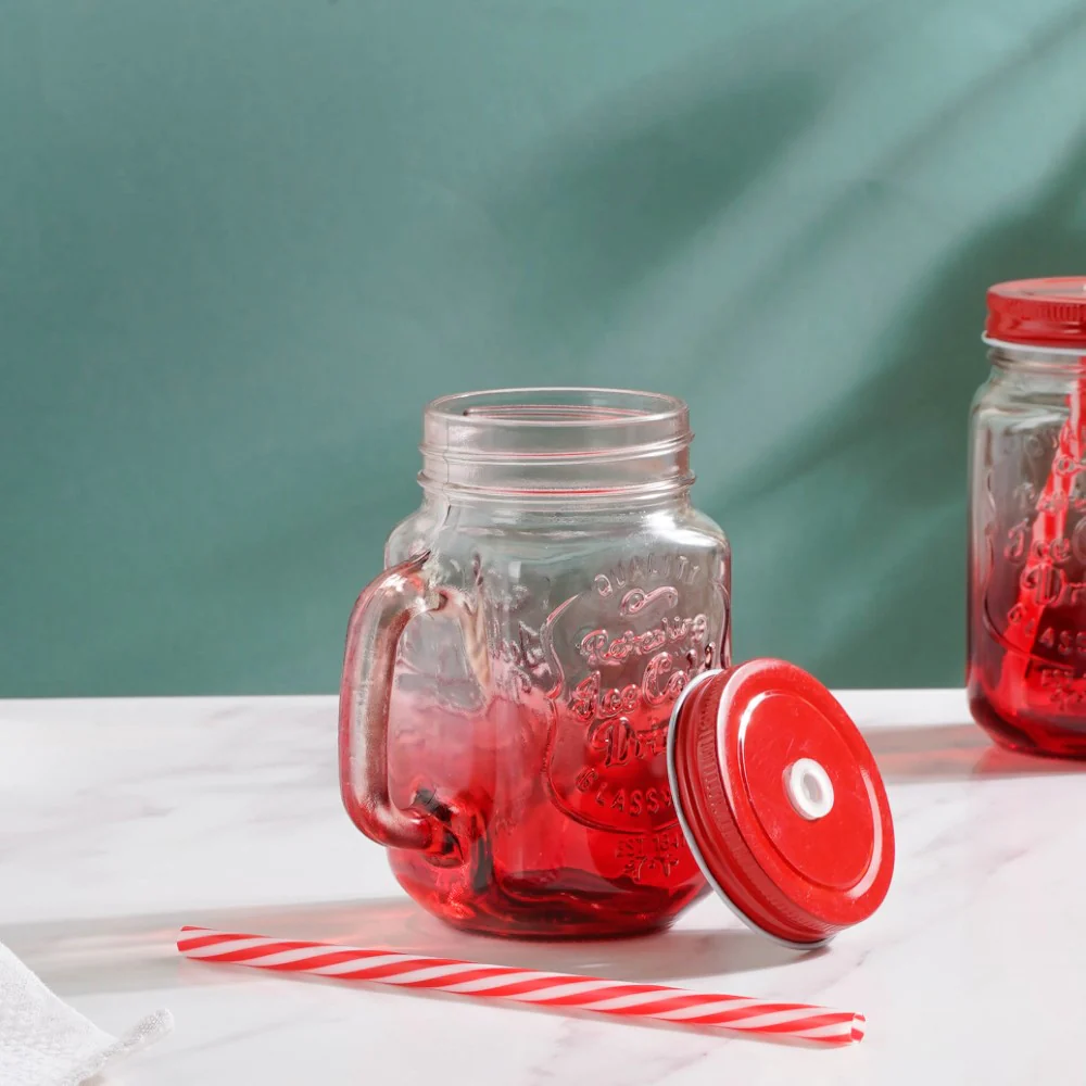 Tutti Frutti Glass Smoothie Jar Red with Lid and Straw Set of 4 - Image 6