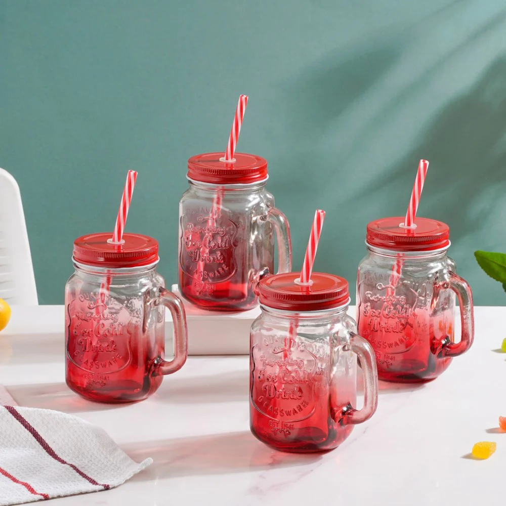 Tutti Frutti Glass Smoothie Jar Red with Lid and Straw Set of 4 - Image 7
