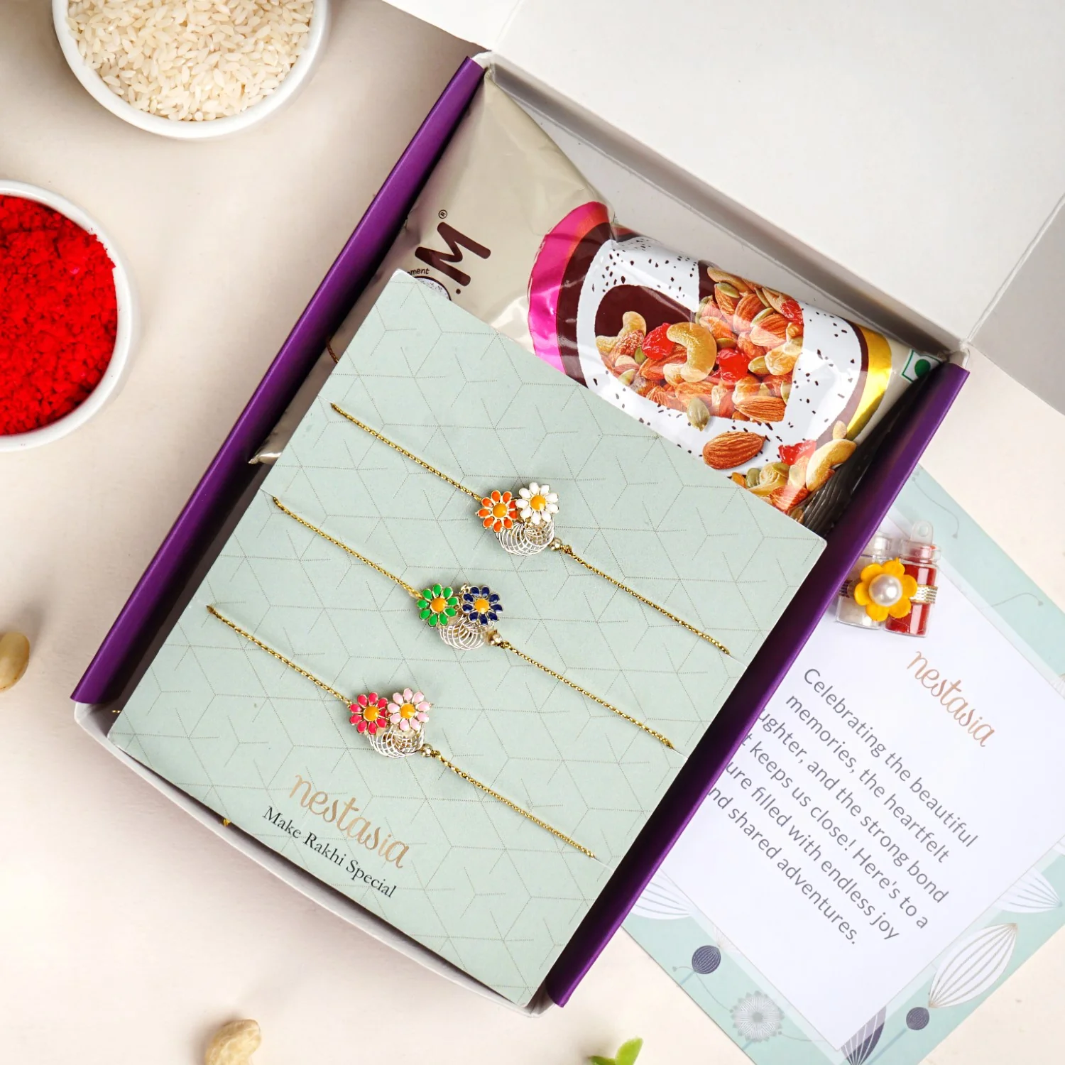 Twin Flowers Set Of 3 Rakhi Gift Box - Image 2
