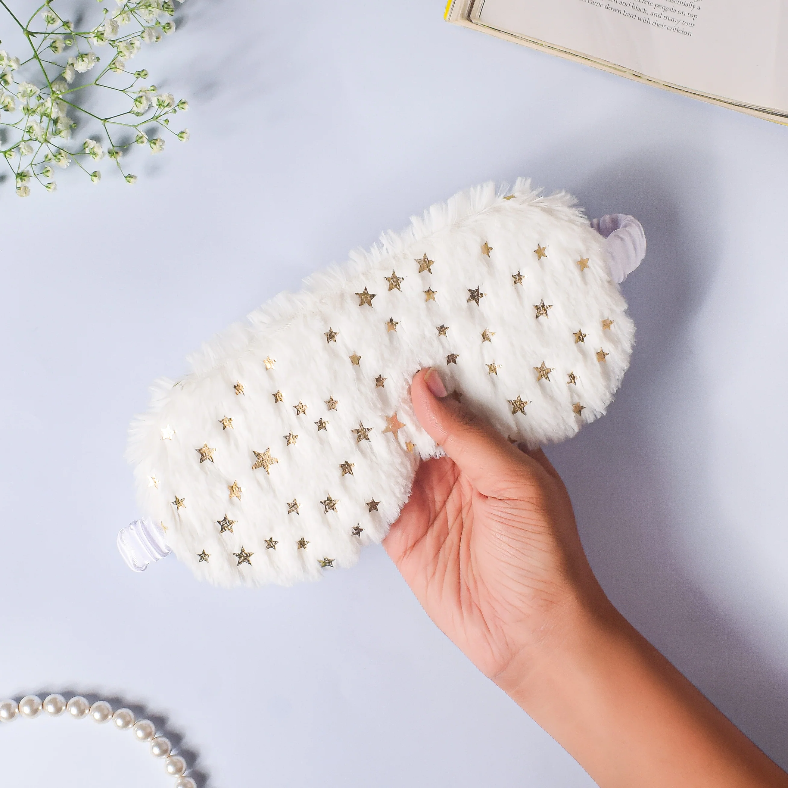Twinkle Stars Plush White Travel Eye Mask - Image 2