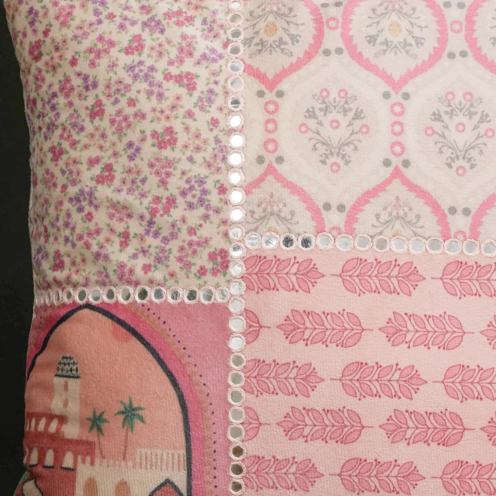 Valencia Velvet Cushion Cover With Mirrorwork Pink 16 x 16 Inch - Image 5