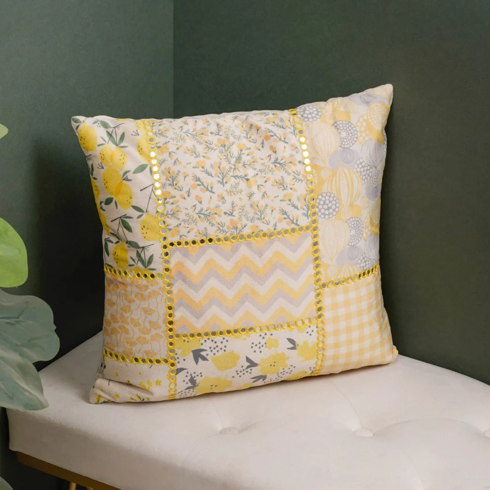 Valencia Velvet Mirrorwork Cushion Cover Yellow 16 x 16 Inch - Image 3