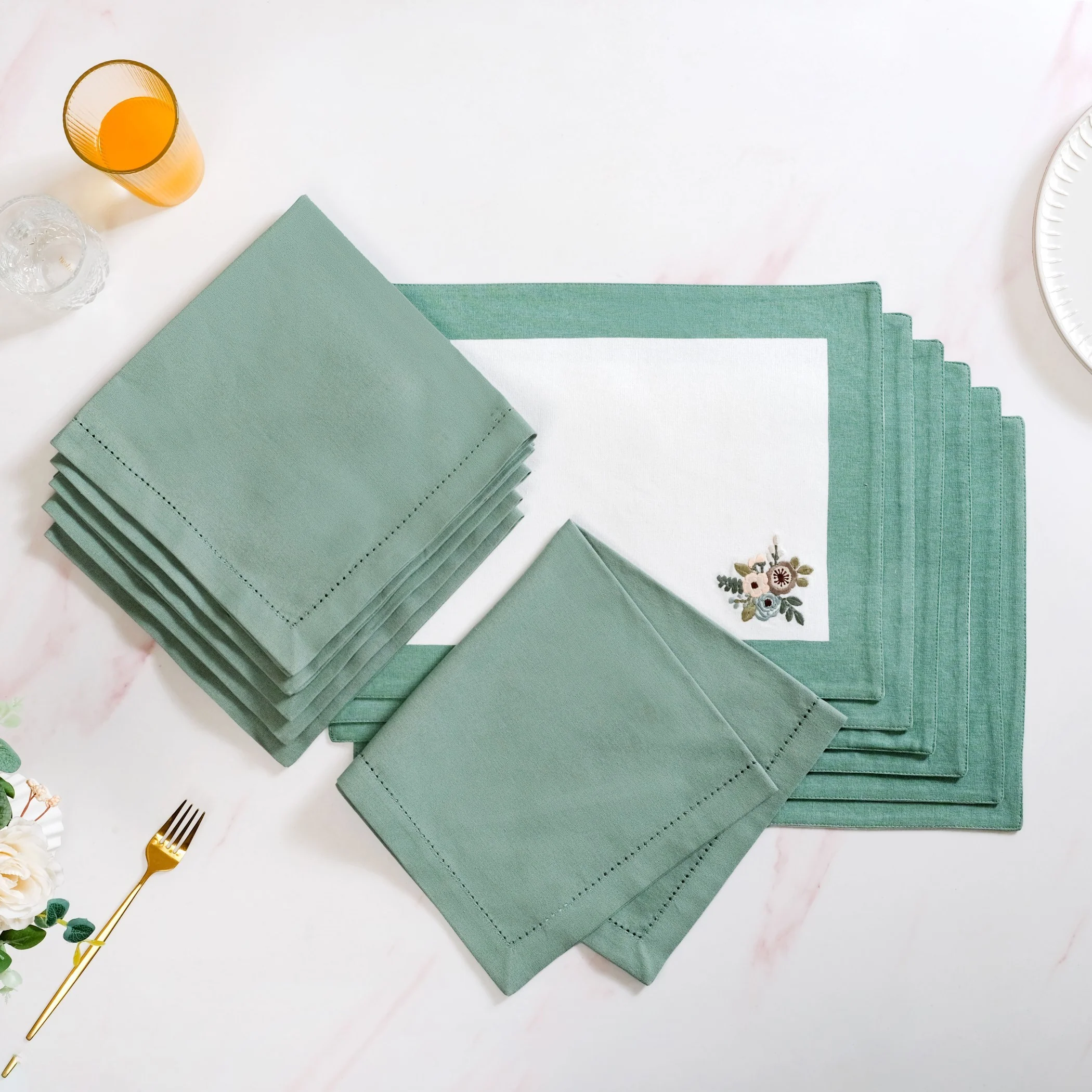 Ventosa Cotton Table Mat And Napkin Set Of 12 In Teal - Image 2