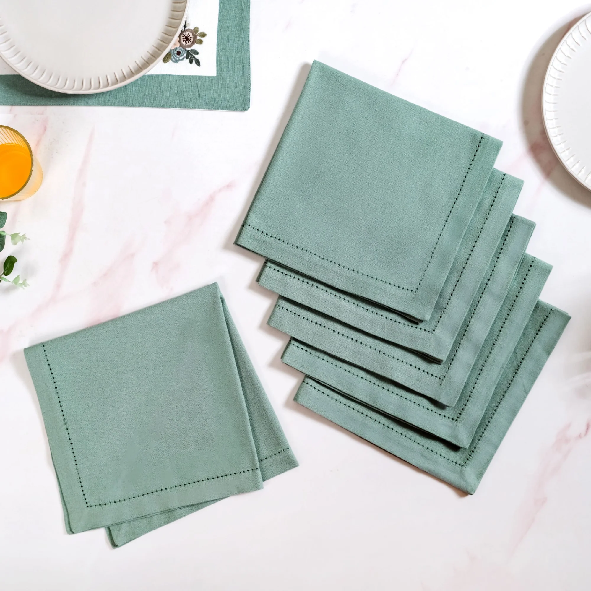 Ventosa Cotton Table Mat And Napkin Set Of 12 In Teal - Image 6