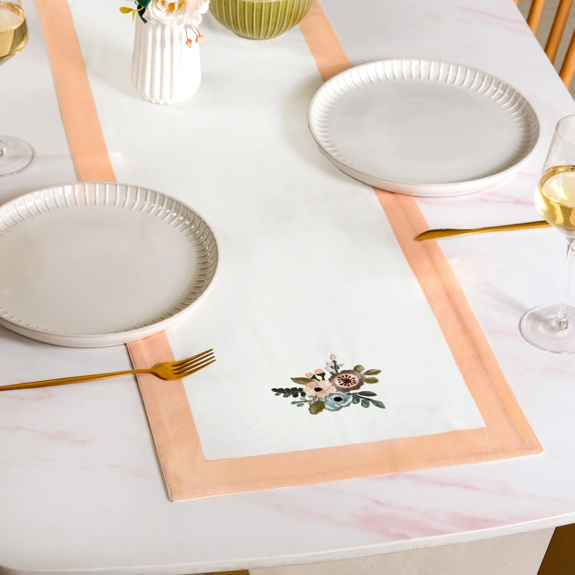 Ventosa Pure Cotton Table Runner And Placemat Set Of 7 In Peach - Image 5