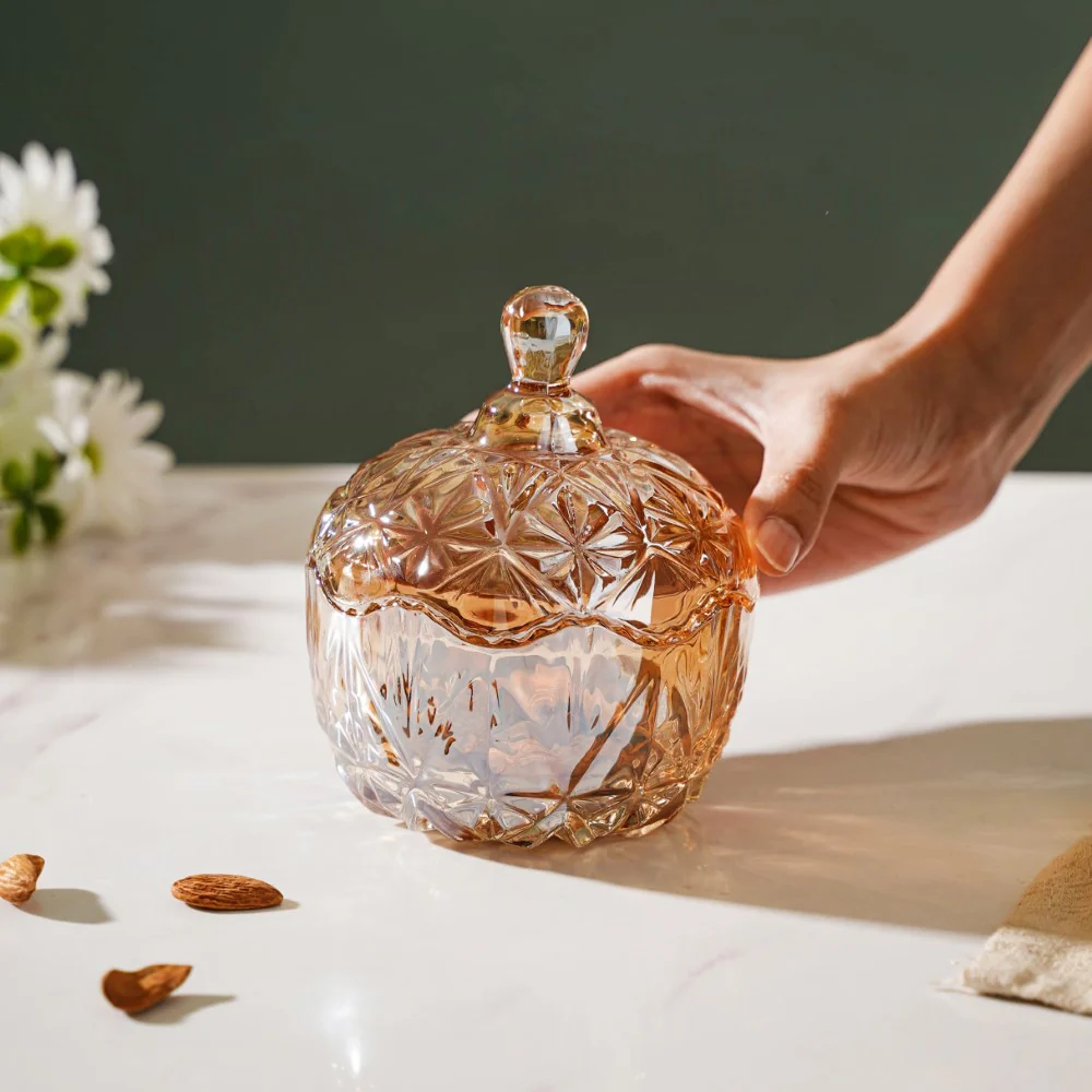 Vintage Round Crystal Glass Amber Jar Small 200 ml - Image 2