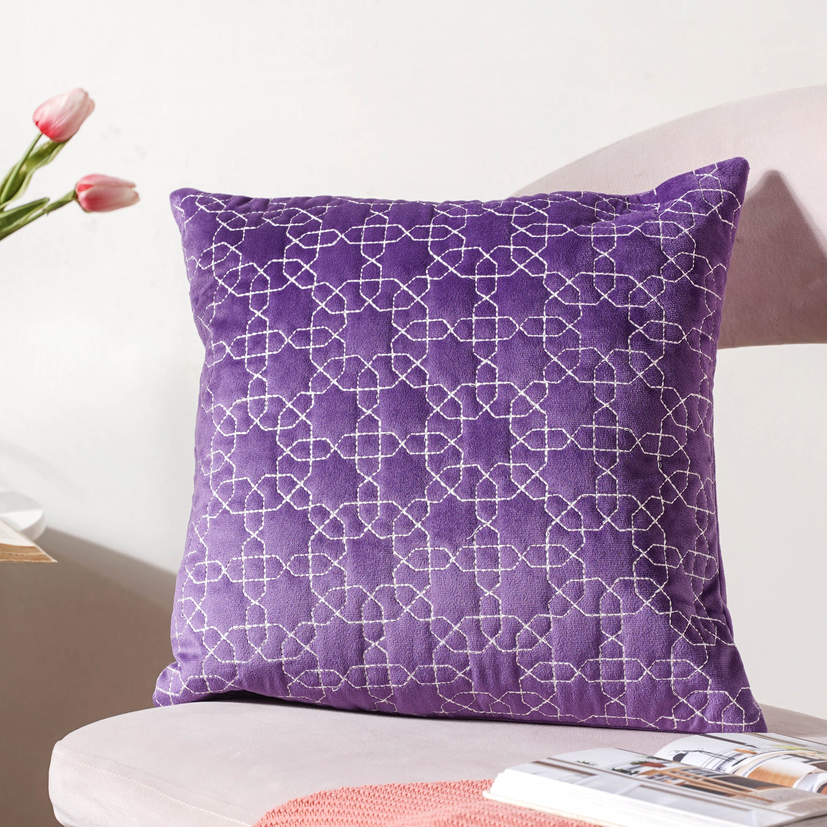 Violet Quilted Velvet Cushion Cover 16 inch
