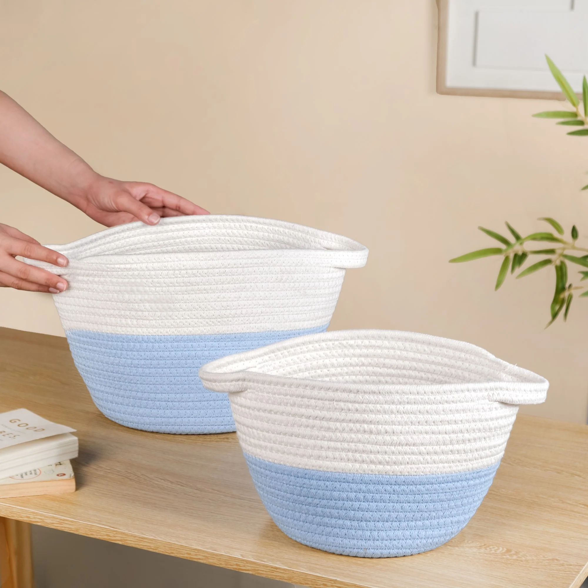White And Blue Rope Basket Set Of 2 20cm And 18cm - Image 3