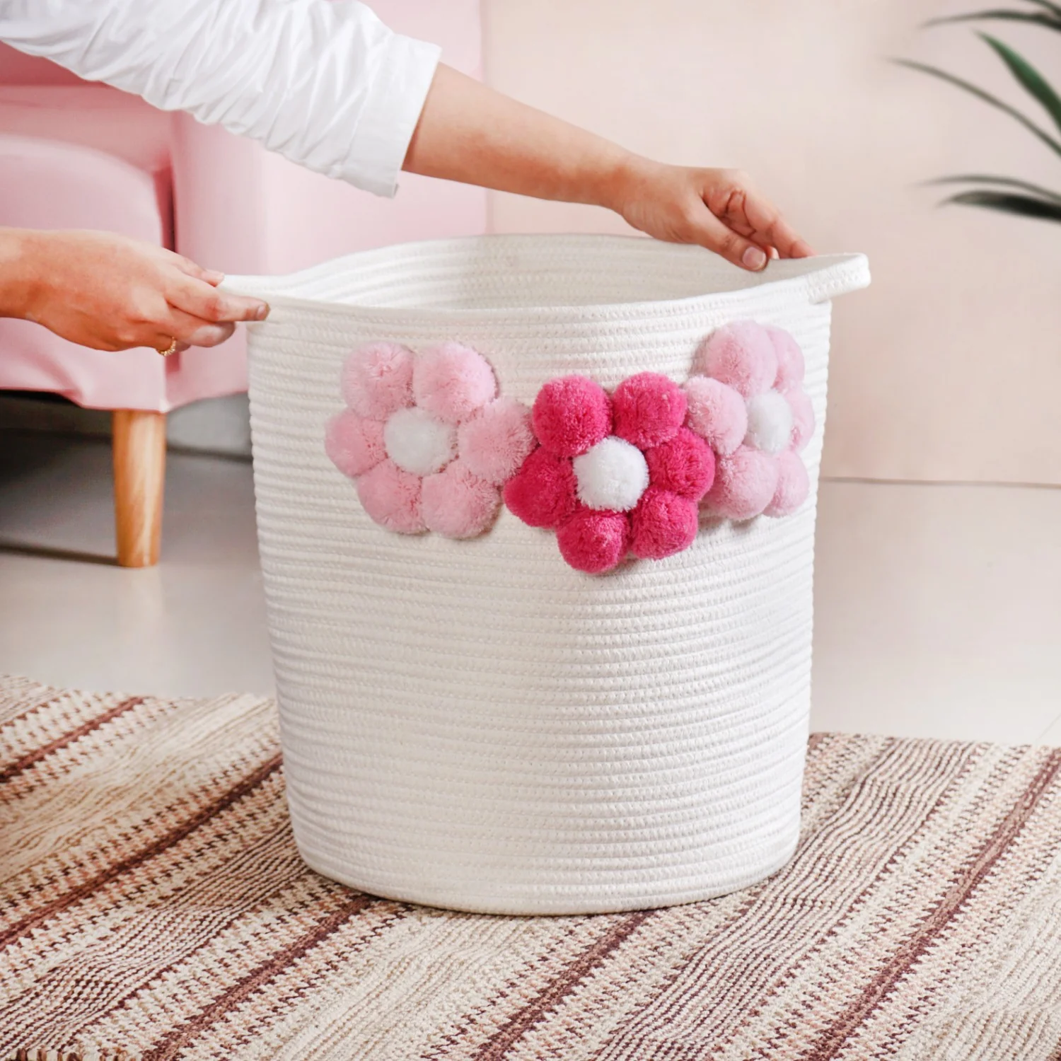 White Basket With Pink Flowers 40cm - Image 3