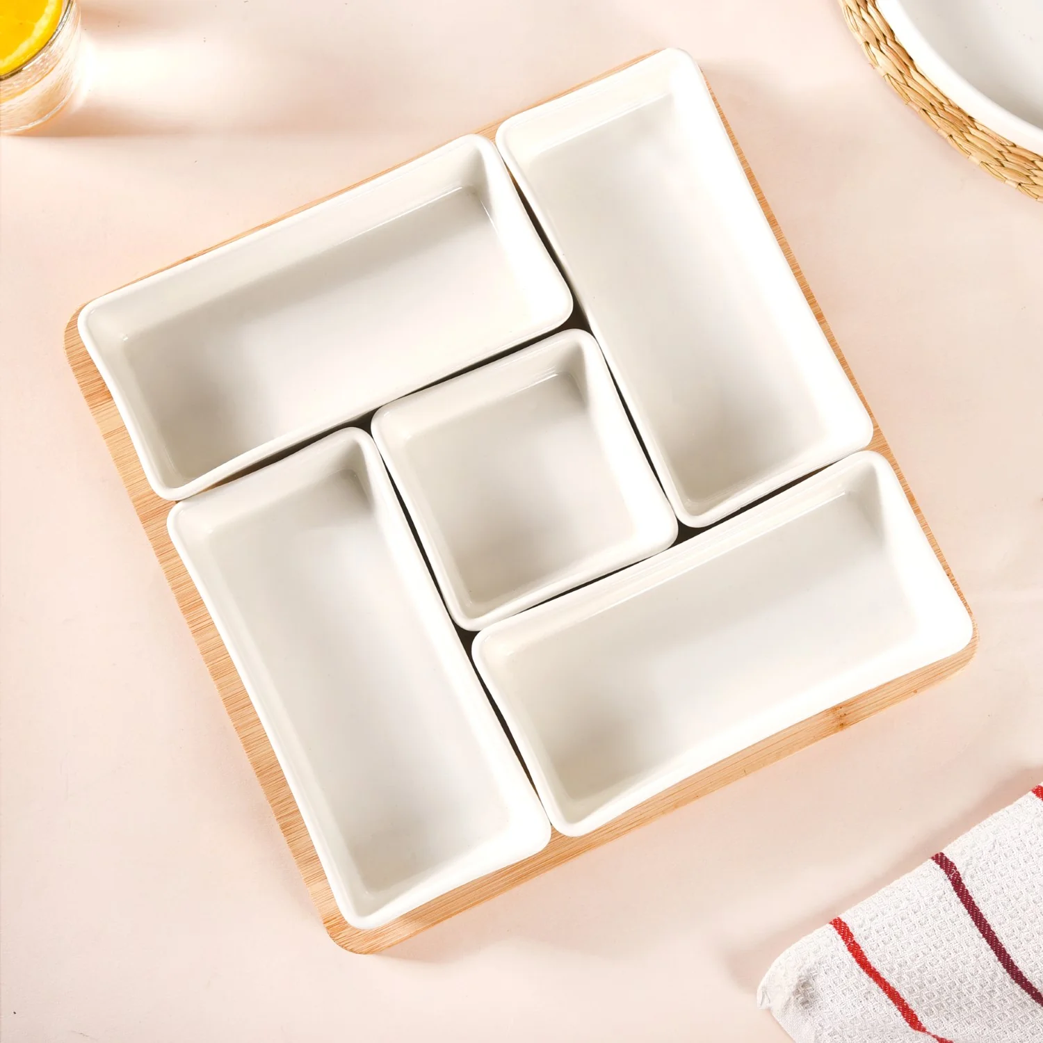 White Ceramic Bowls With Bamboo Tray Set Of 5 - Image 6