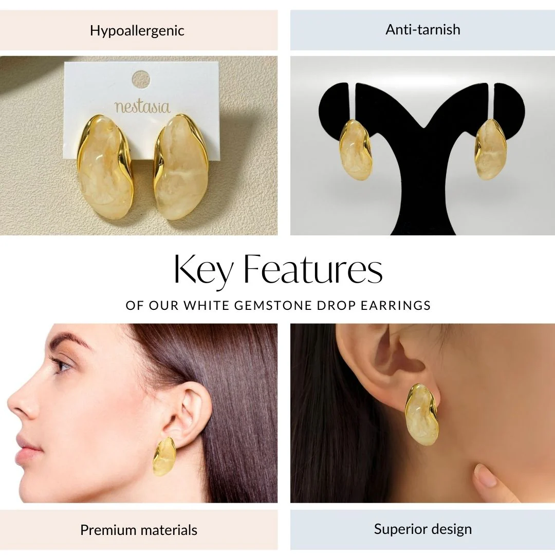 White Gemstone Drop Earrings - Image 4