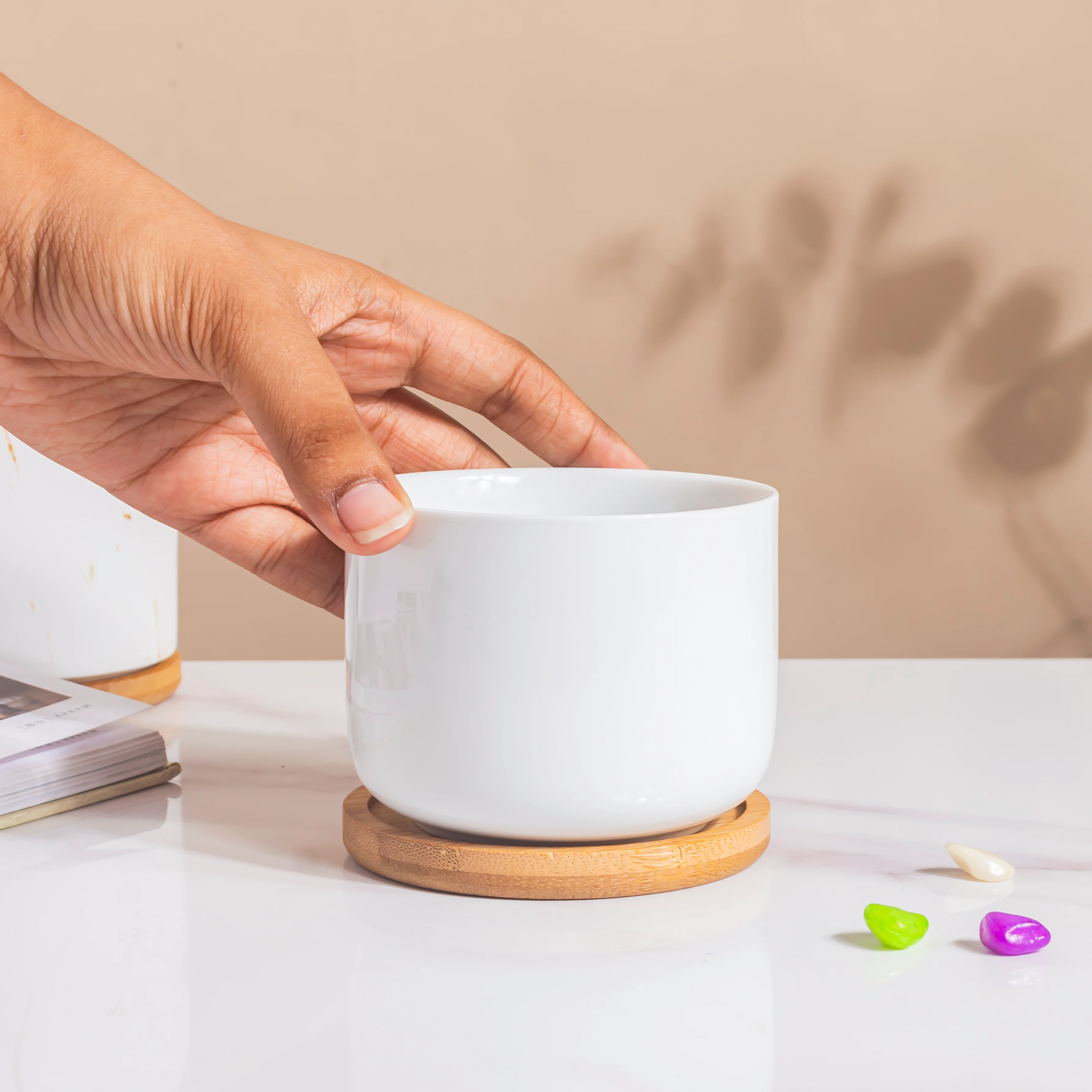 White Mosaic Ceramic Planter And Wooden Coaster - Image 2