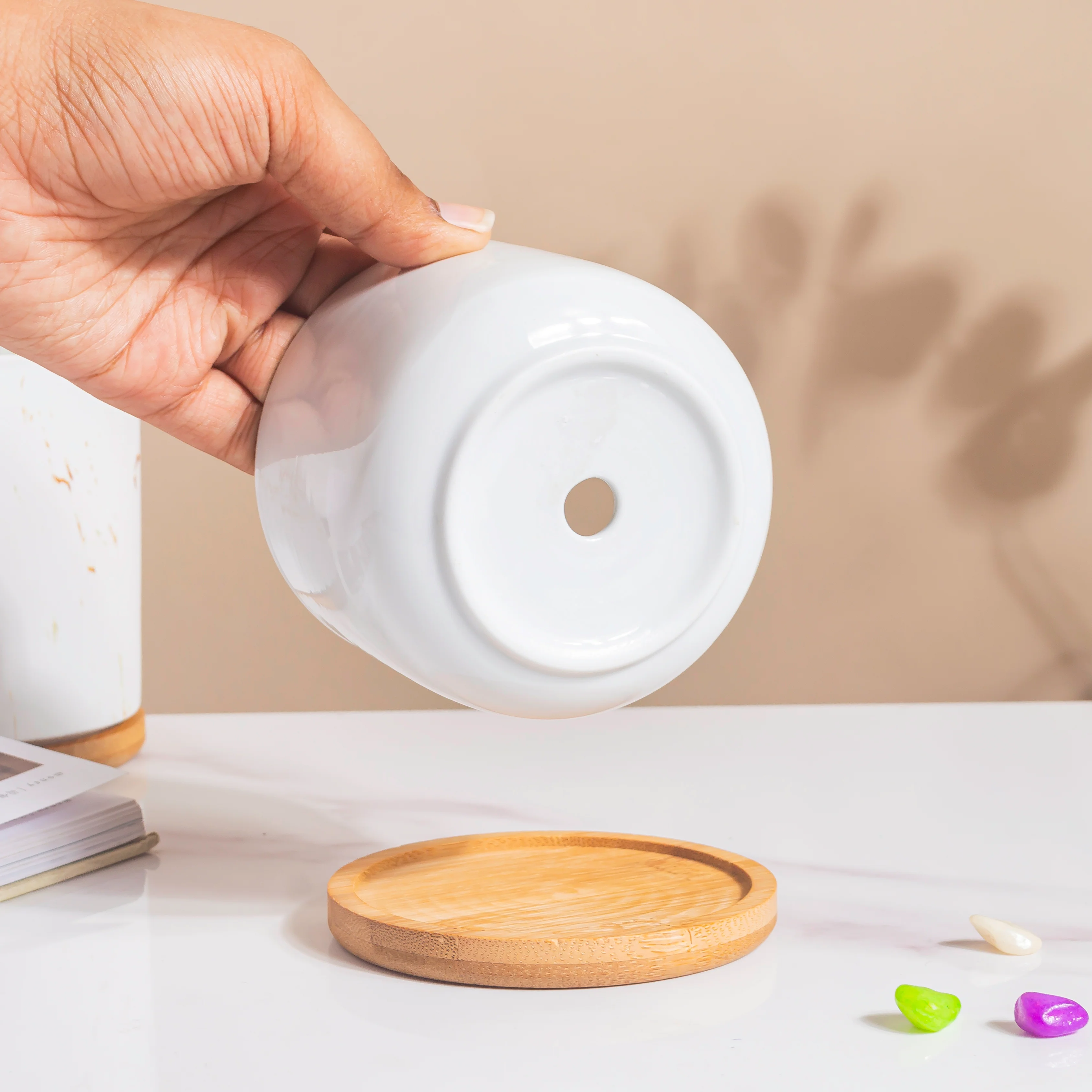 White Mosaic Ceramic Planter And Wooden Coaster - Image 3
