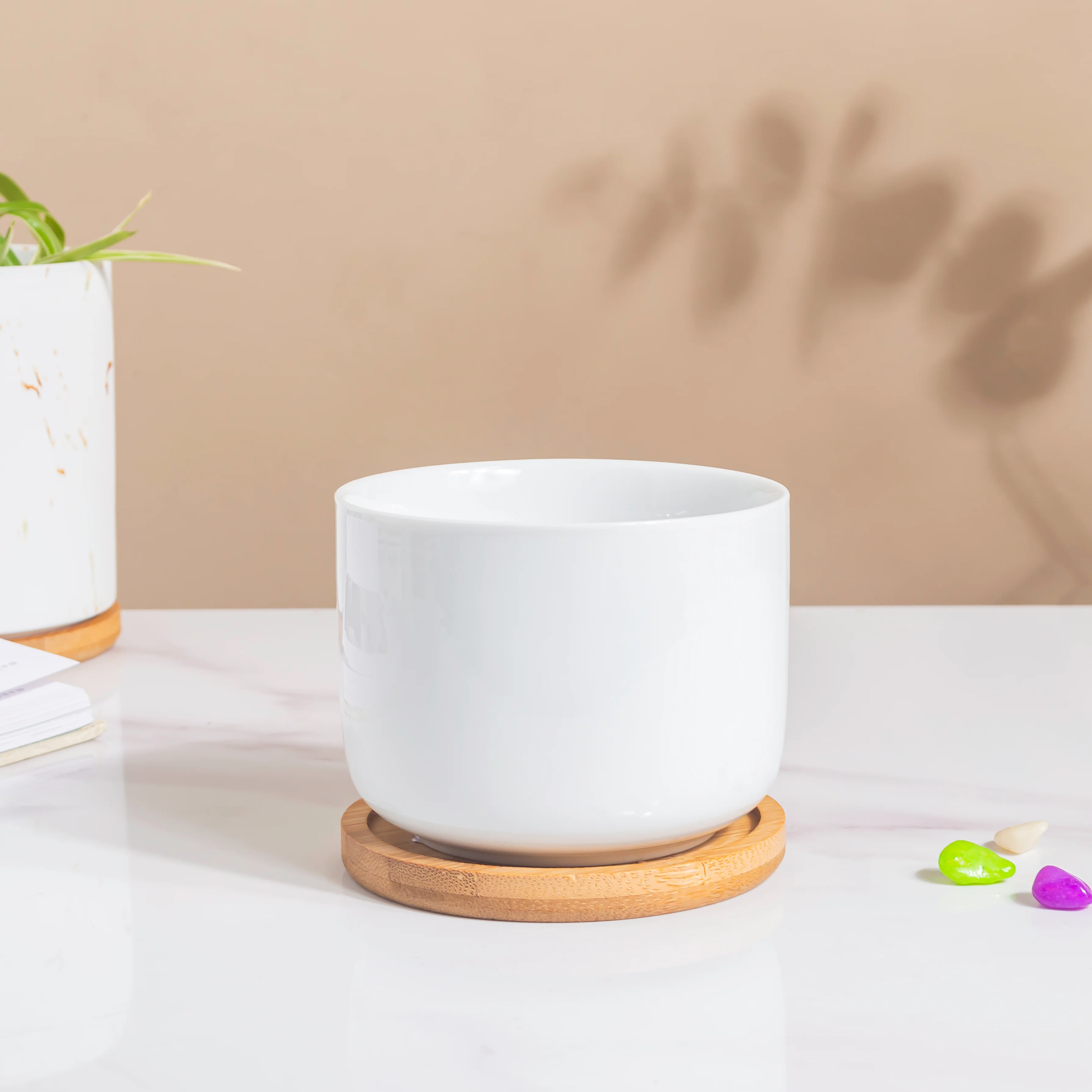 White Mosaic Ceramic Planter And Wooden Coaster - Image 4
