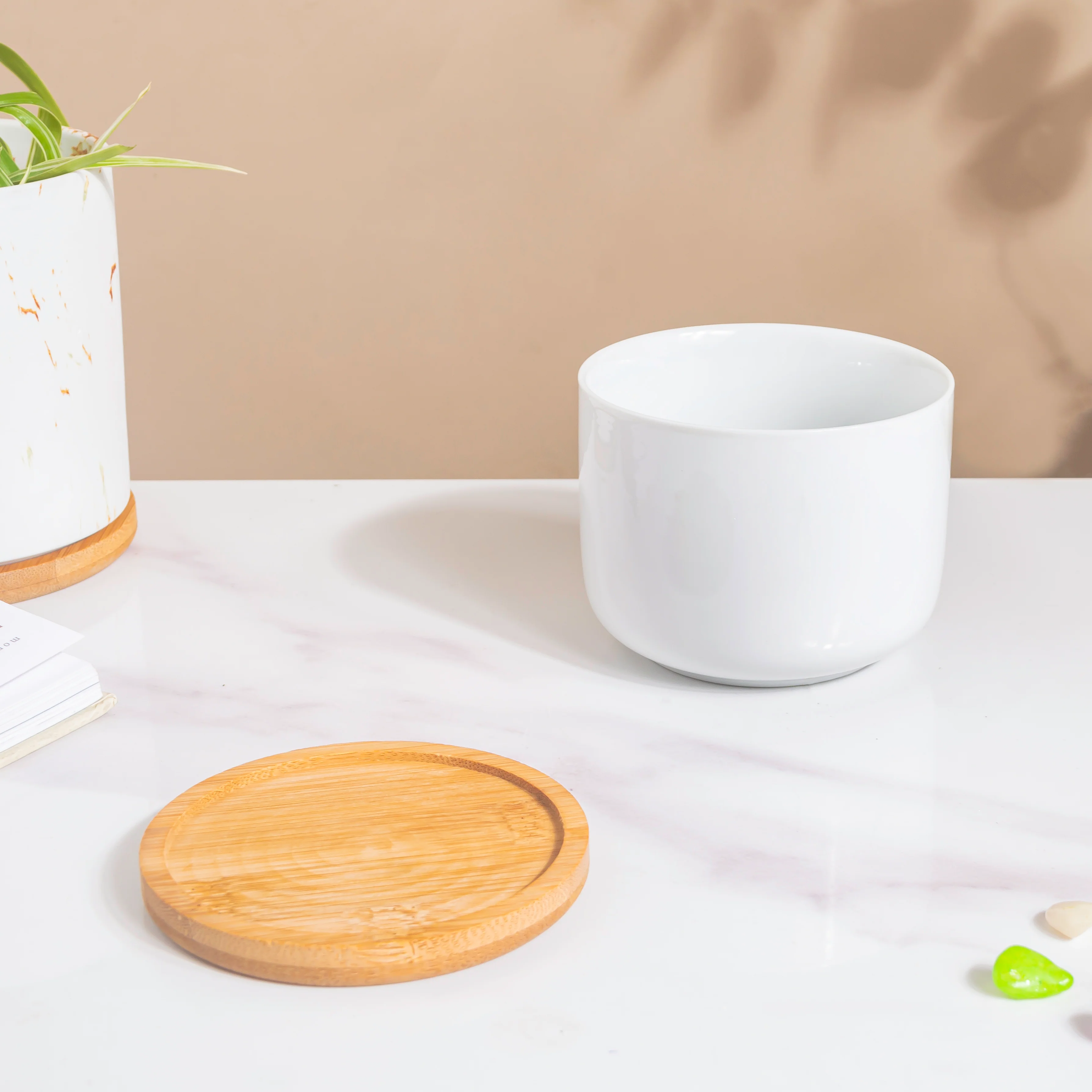 White Mosaic Ceramic Planter And Wooden Coaster - Image 6