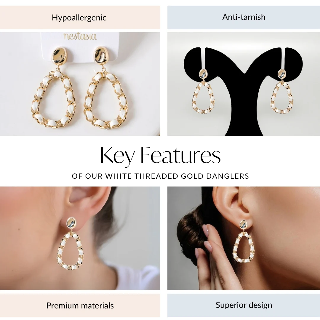 White Threaded Gold Danglers - Image 4