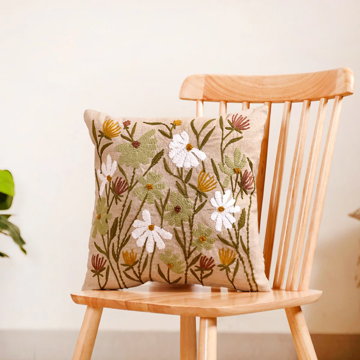 Wild Flower Embroidered Linen Cushion Cover 16x16 Inch - Image 2