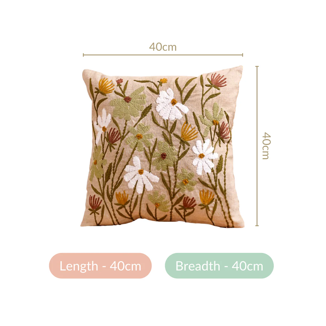 Wild Flower Embroidered Linen Cushion Cover 16x16 Inch - Image 4