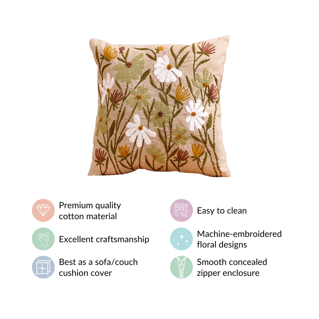 Wild Flower Embroidered Linen Cushion Cover 16x16 Inch - Image 5