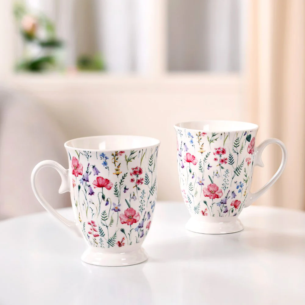 Wildflower Whispers Ceramic Coffee Mug Set Of 2 Pink 400ml
