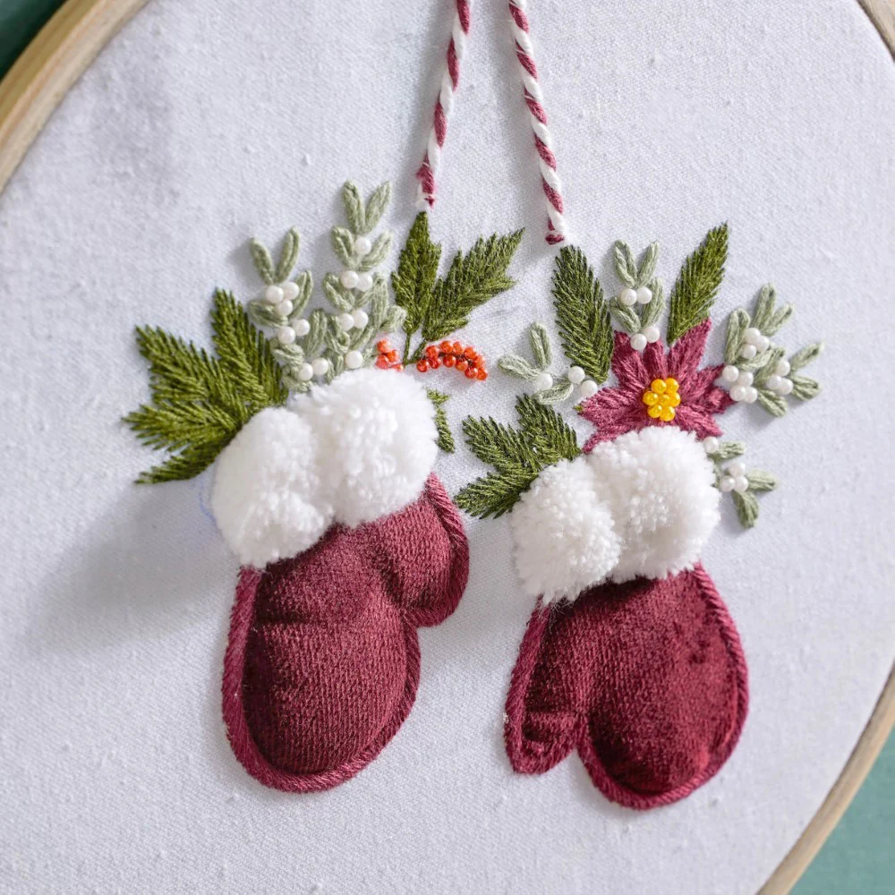 Winter Gloves Hand Embroidered Hoop Wall Hanging 10 Inch - Image 4