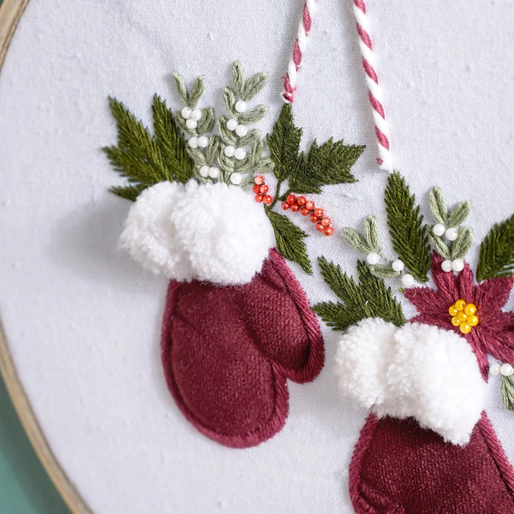 Winter Gloves Hand Embroidered Hoop Wall Hanging 10 Inch - Image 5