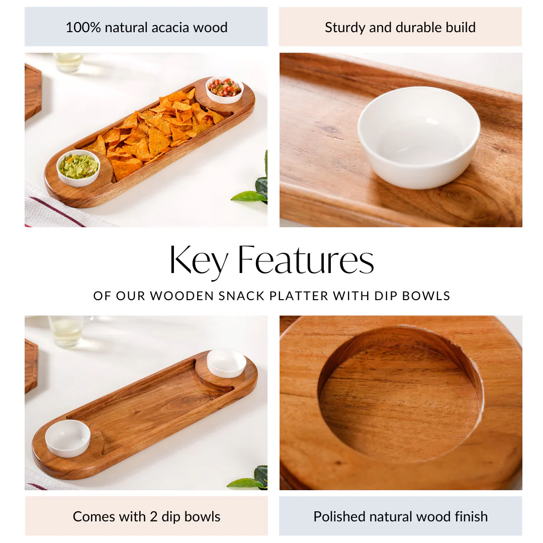 Wooden Snack Platter With Dip Bowls - Image 5