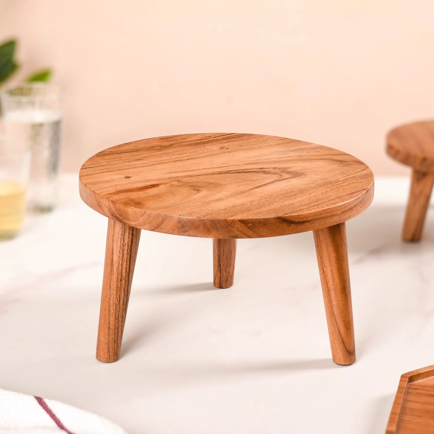 Wooden Stool Pedestal Serving Platter Set Of 2 - Image 7