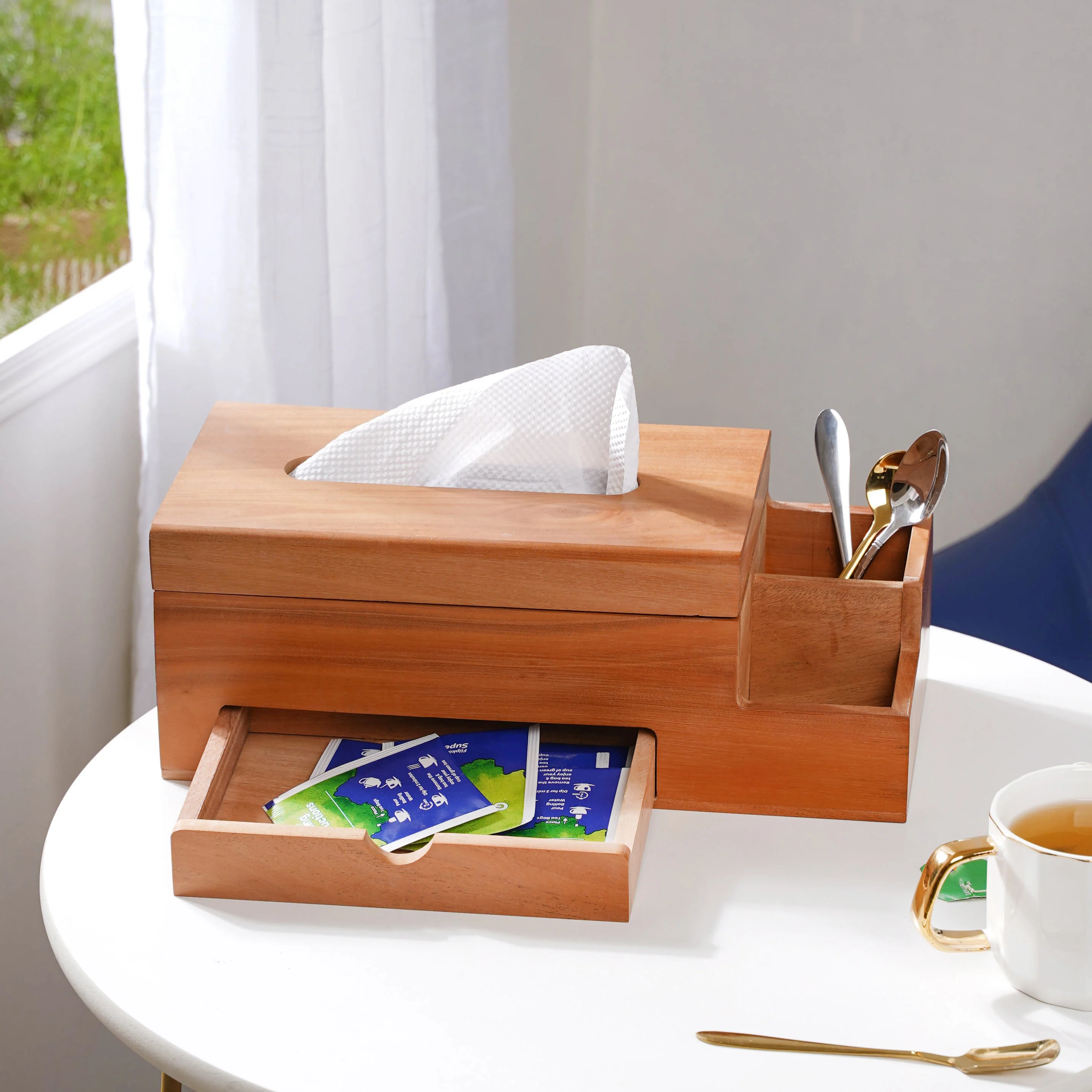 Wooden Tissue Box And 3 Shelf Desk Organiser - Image 2