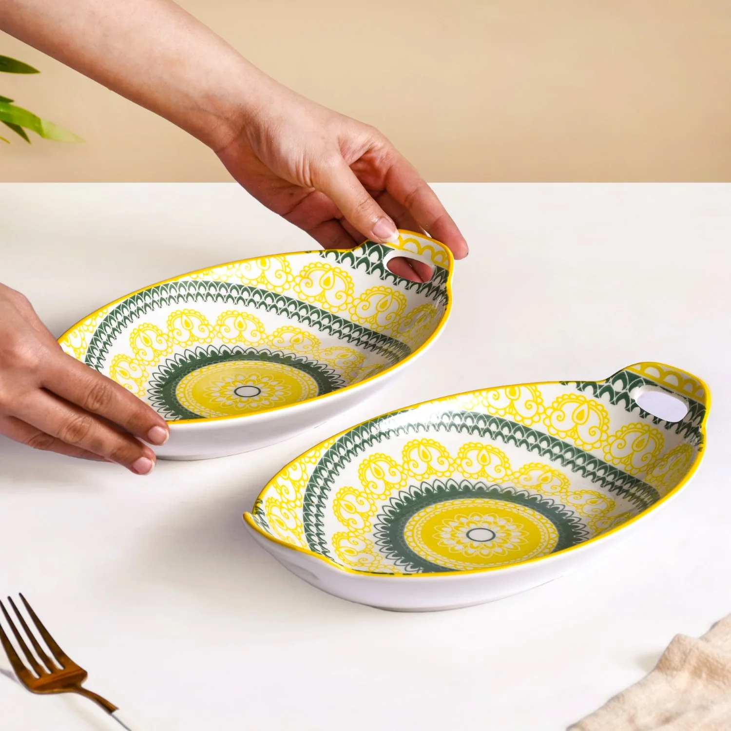 Yellow And Green Mandala Ceramic Platter Set Of 2 - Image 2