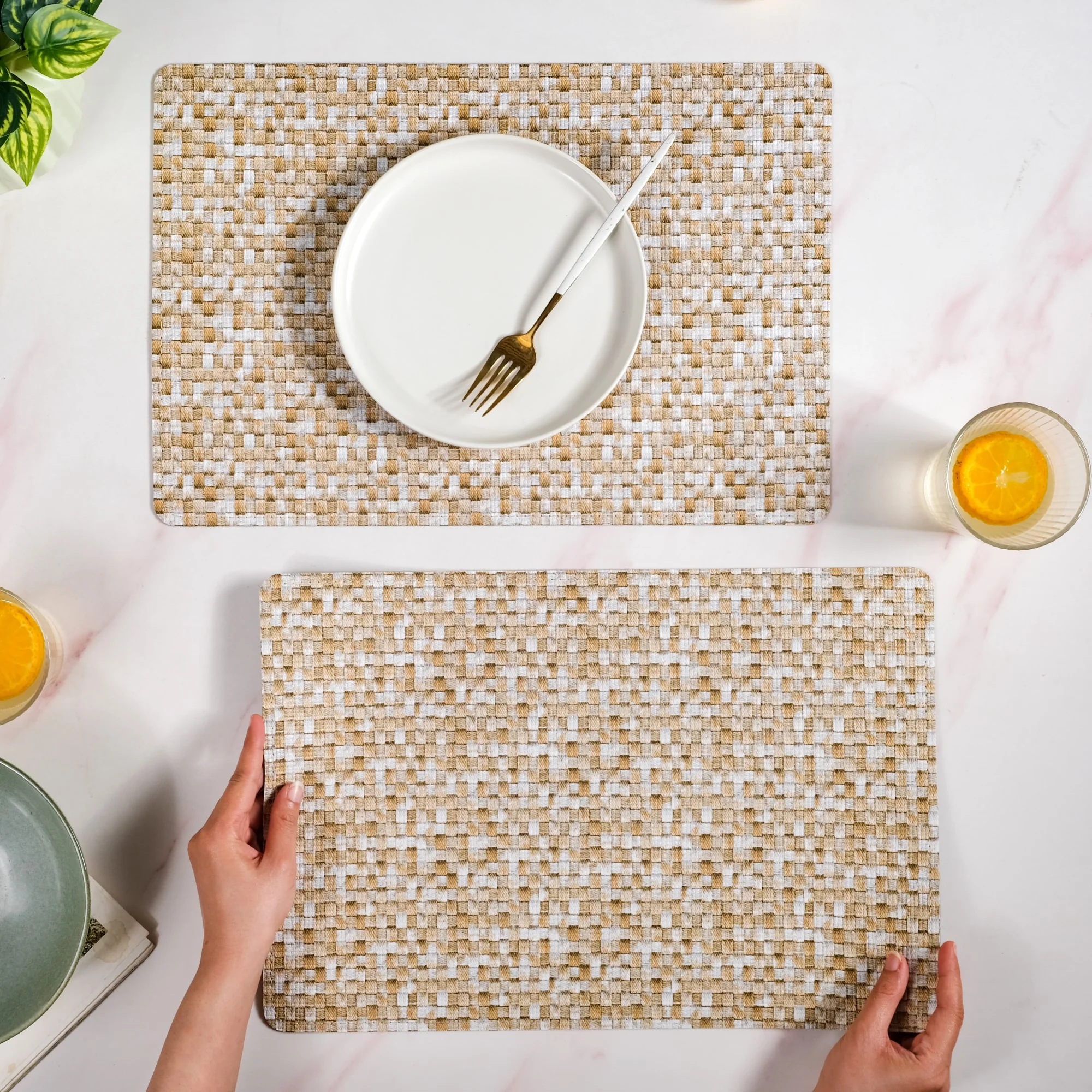 Yellow And White Intrecciato Weave Rectangular Table Mat Set Of 6 - Image 2