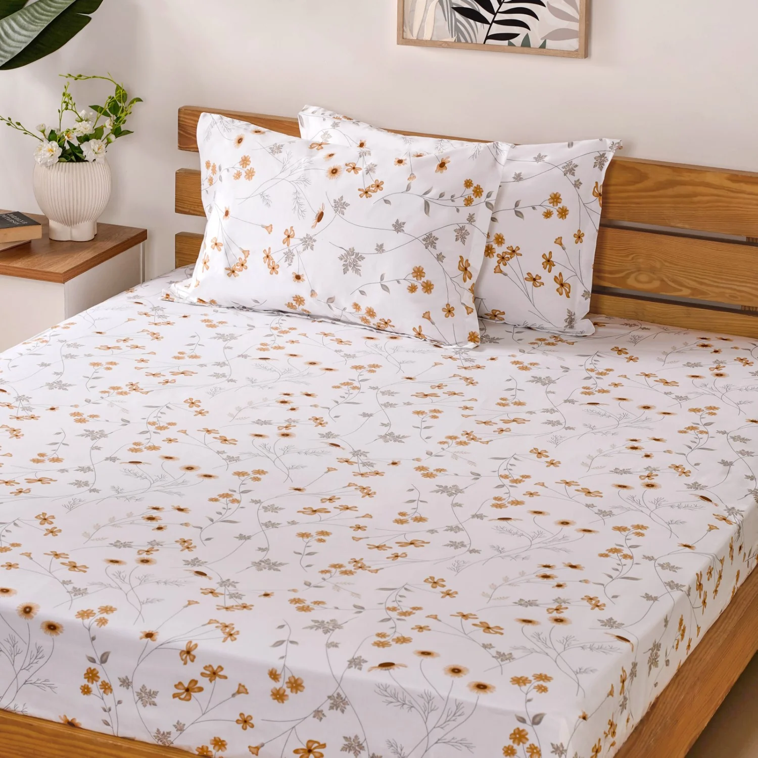 Yellow Floral Printed 180 TC Pure Cotton Bedding Set For King Size Bed 275x275 cm - Image 7