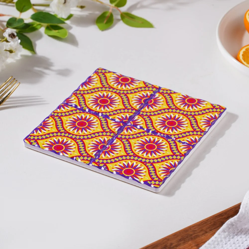 Yellow Pink European Ceramic Tiled Trivet - Image 3